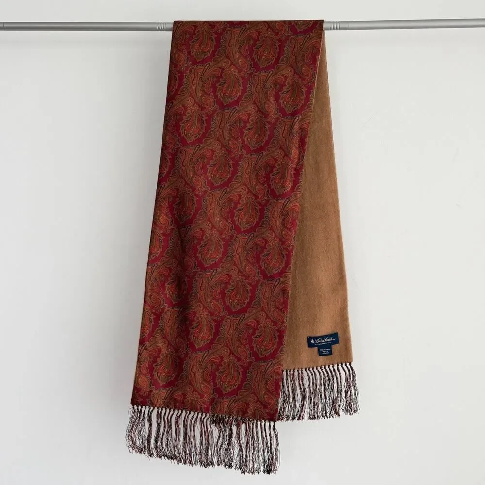 Brooks Brothers Cashmere & Silk Paisley Scarf Scotland Reversible Unisex Brown
